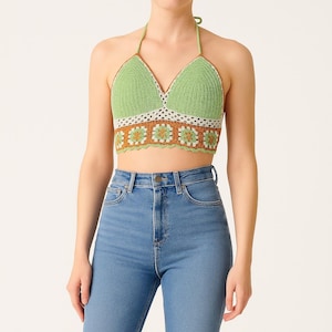 Crochet Bustier Top - Handmade Green Boho Knit Bralette - Festival Halter Crop Top - Hippie Style Clothing