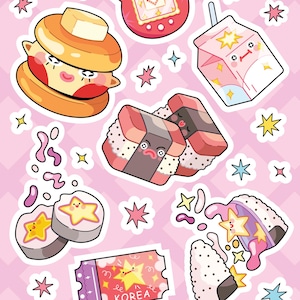 May include: A sticker sheet featuring various cartoon illustrations including a goldfish, a red digital pet, fried eggs, a pancake stack, a milk carton, sushi rolls, and a ticket labeled KOREA. The text HITRA DINKA is printed at the bottom.
