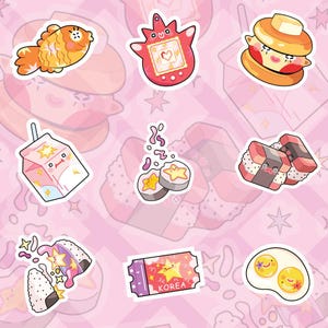 May include: A collection of colorful stickers featuring a goldfish, a digital pet device, a burger, a milk carton, star-shaped sushi, spam musubi, a broken rice ball, a ticket labeled KOREA, and two fried eggs with smiling faces on a pink background.