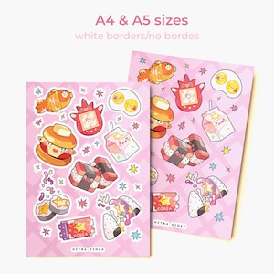 May include: Two rectangular sticker sheets with a light pink checkered background featuring various cartoon illustrations including a fish, a digital pet, fried eggs, a burger, a milk carton, sushi, and a ticket labeled KOREA with HETRA DENKA text.