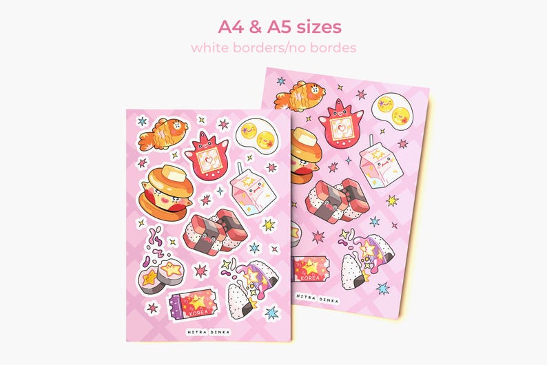May include: Two rectangular sticker sheets with a light pink checkered background featuring various cartoon illustrations including a fish, a digital pet, fried eggs, a burger, a milk carton, sushi, and a ticket labeled KOREA with HETRA DENKA text.