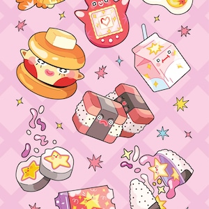 May include: A collection of colorful cartoon stickers on a pink checkered background featuring a goldfish, a red digital pet, fried eggs, a pancake stack, a milk carton, sushi rolls, and a ticket with a star and the text KOREA and HITRA DINKA.