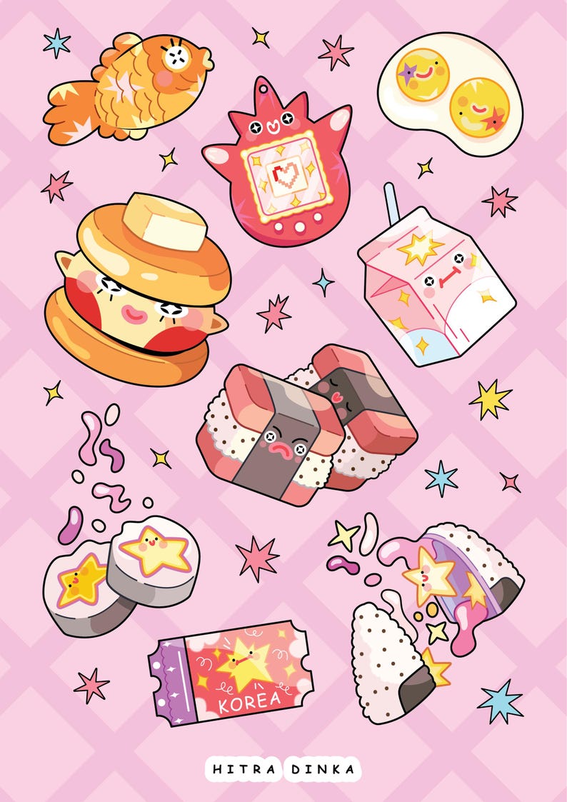 May include: A collection of colorful cartoon stickers on a pink checkered background featuring a goldfish, a red digital pet, fried eggs, a pancake stack, a milk carton, sushi rolls, and a ticket with a star and the text KOREA and HITRA DINKA.