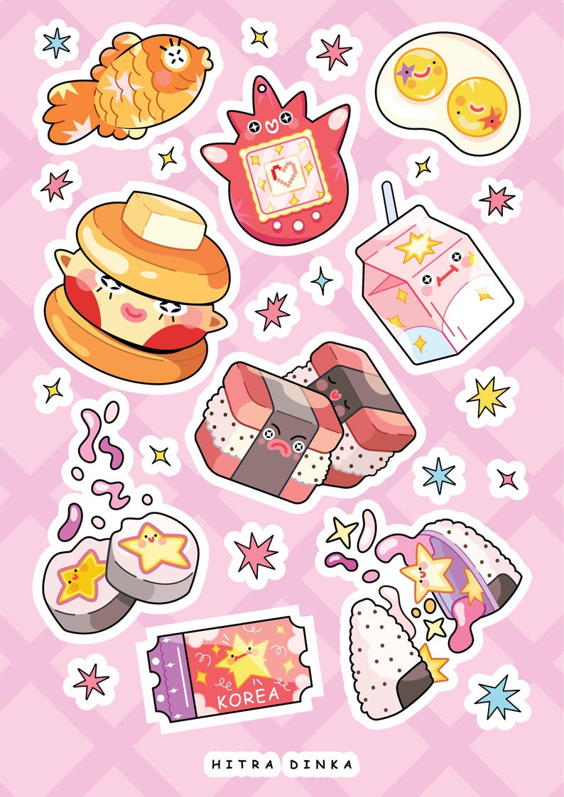 May include: A sticker sheet featuring various cartoon illustrations including a goldfish, a red digital pet, fried eggs, a pancake stack, a milk carton, sushi rolls, and a ticket labeled KOREA. The text HITRA DINKA is printed at the bottom.