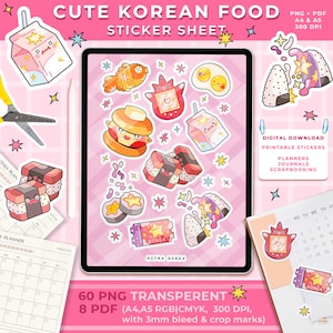 May include: A digital sticker sheet featuring cute Korean food illustrations including a fish-shaped pastry, a tamagotchi, fried eggs, milk cartons, and sushi rolls. The pink background displays the text CUTE KOREAN FOOD STICKER SHEET, 60 PNG TRANSPARENT, 8 PDF, and DIGITAL DOWNLOAD.
