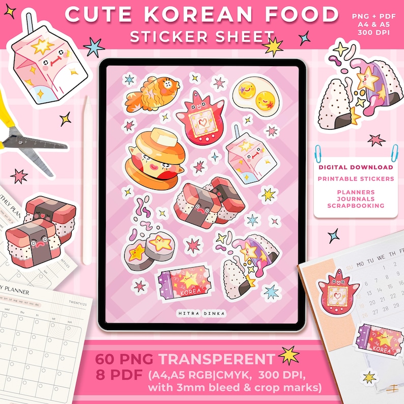 May include: A digital sticker sheet featuring cute Korean food illustrations including a fish-shaped pastry, a tamagotchi, fried eggs, milk cartons, and sushi rolls. The pink background displays the text CUTE KOREAN FOOD STICKER SHEET, 60 PNG TRANSPARENT, 8 PDF, and DIGITAL DOWNLOAD.