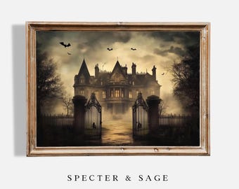 Haunted Mansion Art Print, Gothic Halloween Wall Decor, Spooky Castle with Bats, Digital Download