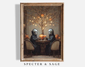 Skeletons Drinking Cocktails Under Halloween Tree Digital Download Print