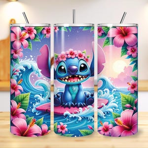 Floral Watercolor 20oz Skinny Tumbler Wrap PNG, Stitch Floral Tumbler Wrap, Cartoon Sublimation, Stitch Tumbler Wrap, Digital Download