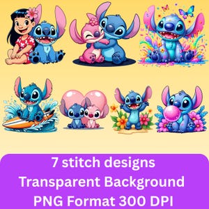 7 Stitch Watercolor PNG Clipart, Stitch Floral PNG, High quality Sublimation, t shirt design, Lilo and Stitch,Digital Download