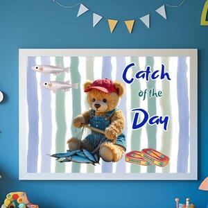 teddy bear fishing kids decor wall art fisherman kids digital print beach nursery wall print teddy bear gone fishing nursery wall art decor