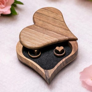 Personalized Heart-Shaped Wooden Ring Box, Handmade Walnut Ring Holder, Custom Engraved Engagement Ring Box, Wedding Keepsake Gift