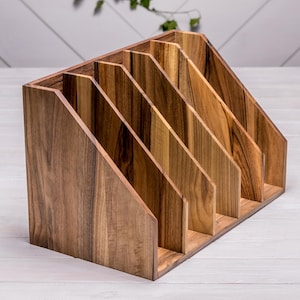 File Organizer for Desk, 5 Slot Walnut Folder Rack, Office Paper Sorter, Document Holder, Vertical Mail Tray, Handmade Organizer