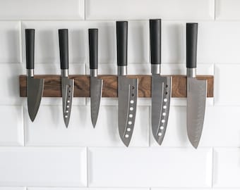 Wooden Magnetic Knife Holder Wall Mount, Walnut or Oak Knife Rack, Wall Knife Strip, Modern Kitchen Storage
