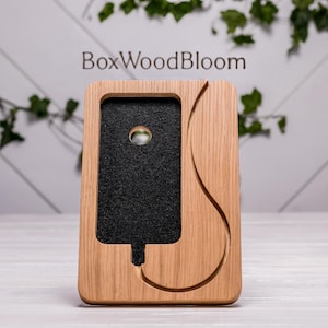 Wooden Phone Stand with Cable Slot, Personalized Charging Dock, Oak Veneer Desk Organizer, Gift for Him, Minimalist Smartphone Holder