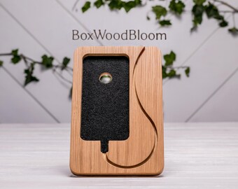 Wooden Phone Stand with Cable Slot, Personalized Charging Dock, Oak Veneer Desk Organizer, Gift for Him, Minimalist Smartphone Holder
