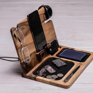 Wooden Desk Organizer, Walnut Docking Station for Phone, Tablet, Glasses & Watch, Personalized Office Accessory Gift for Men, Women