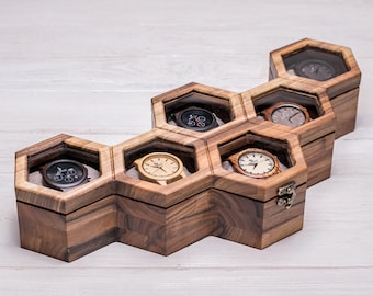 Walnut Watch Box for 6 Watches, Hexagon Glass Lid Watch Organizer, Wooden Watch Storage Case