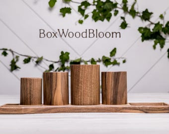 Walnut Desk Organizer with Removable Cups, Makeup Brush & Stationery Holder, Personalized Wooden Desktop Organizer Gift for Him Her