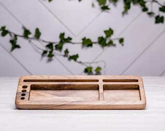 Tablet and Phone Stand Organizer, Walnut Docking Station for Desk, Wooden Tray for Gadgets, Glasses, Coins, Gift for Him or Her