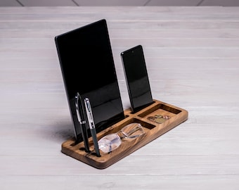 Wood Desk Organizer with Phone & Tablet Stand, Personalized Walnut Office Organizer, Gift for Him Her, Minimalist Workspace Accessory