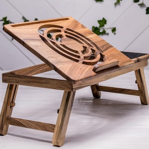 Walnut Laptop Bed Tray Table, Adjustable Folding Wooden Lap Desk with Cup Holder, Phone & Tablet Slots, Work from Home Gift