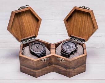 Walnut Watch Box for 2, Wooden Lid Hexagon Organizer, Personalized Watch Holder, Gift for Him