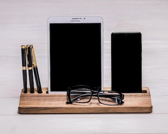 Wooden Desk Organizer for Men, Personalized Tablet and Phone Stand, Walnut Office Accessories, Minimalist Tech Docking Station, Gift for Him