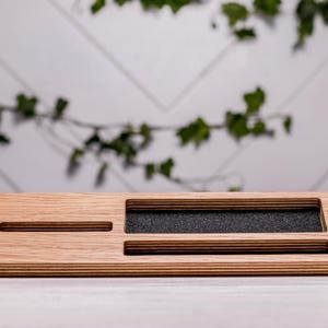 Wood Phone Docking Station, Personalized Oak Desk Organizer for Glasses, Pen & Smartphone, Office Gift for Him, Stylish Desktop Holder