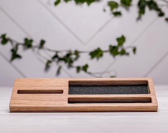 Wood Phone Docking Station, Personalized Oak Desk Organizer for Glasses, Pen & Smartphone, Office Gift for Him, Stylish Desktop Holder