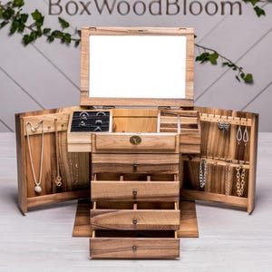 Giant Wooden Jewelry Box Organizer, Large Jewelry Holder with Mirror and Wooden Lid, Jewelry Storage Cabinet, Personalized Gift for Women