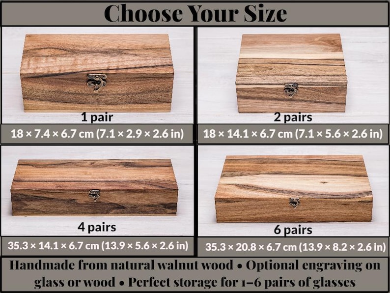Choose your size wooden glasses box – 1, 2, 4, or 6 pairs