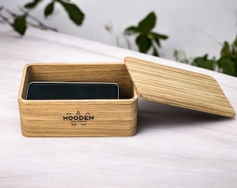 Wooden Phone Storage Box, Walnut or Oak, Personalized Engraving, Magnetic Lid, Gift for Friends,Family,or Office,Handmade in Ukraine