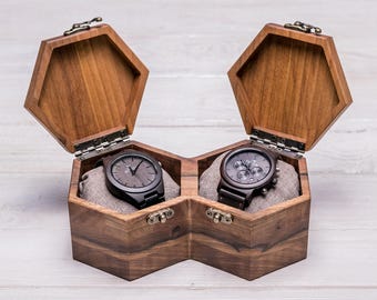 Hexagon Watch Box for 1–10 Watches – Walnut Wood Display Case with Glass Lid – Men's Organizer – Gift for Him – Engraved Watch Holder