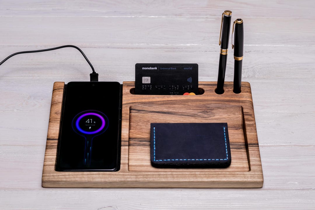 Wireless Charging Station, Walnut Desk Organizer for Phone, Pens ...