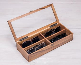 Wooden Glasses Box, Handmade Walnut Eyewear Organizer, Holder for 1/2/4/6 Pairs, Sunglasses Storage with Engraving Gift, Gift for Him & Her