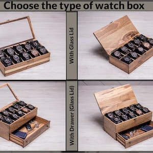 Personalized wooden watch box with custom engraving – initials and logo on wood or glass lid