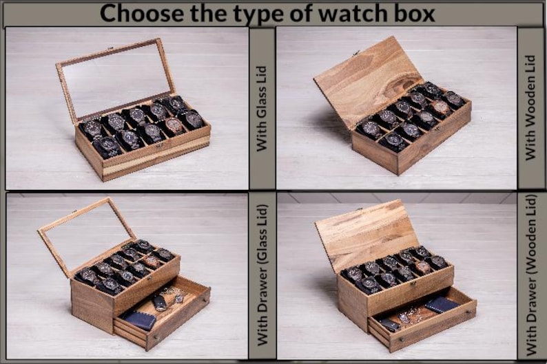 Personalized wooden watch box with custom engraving – initials and logo on wood or glass lid