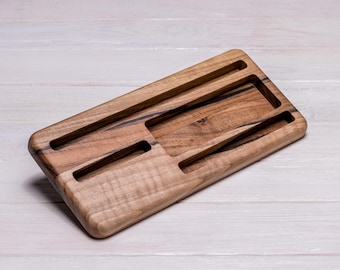 Walnut Desk Organizer for Phone Tablet, Wooden Docking Station, Glasses Holder, Personalized Office Gift for Men Dad Husband