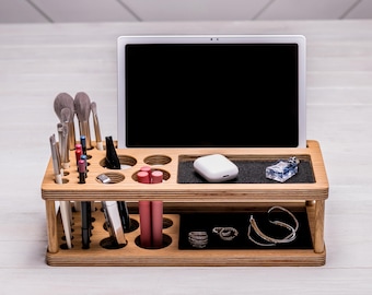 Wooden Vanity Organizer with Tablet Phone Holder, Multi-Level Makeup Storage for Brushes, Lipsticks & Jewelry, Personalized Gift for Her
