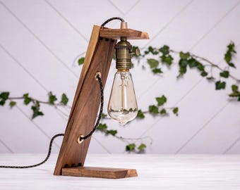 Walnut Edison Table Lamp, Industrial Loft Desk Light, Handmade Wooden Lamp with Dimmer Switch, Vintage Bedside Lamp, Gift