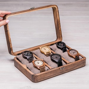 Solid Walnut Watch Box with Glass or Wood Lid, Luxury Wooden Storage Case for 1–12 Watches, Personalized Gift for Husband, Dad, or Boyfriend