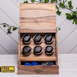 Wood Watch Box for Men, 6 Slot Watch Organizer Stand with Glass or Wood Lid, Personalized Walnut Gift for Him, Hidden Storage