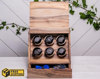 Wood Watch Box for Men, 6 Slot Watch Organizer Stand with Glass or Wood Lid, Personalized Walnut Gift for Him, Hidden Storage