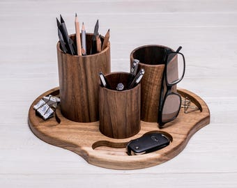 Wooden Desktop Organizer, Walnut Oak Pen Holder with Removable Cups, Makeup Office Desk Caddy, Personalized Gift,Teacher,Artist,Woman or Man