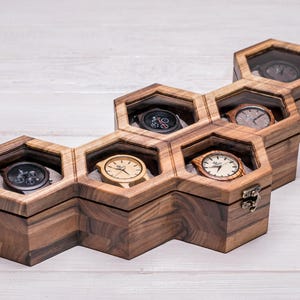 Luxury Hexagon Watch Display Case, Store Up to 10 Watches in Style, Walnut Wood with Glass or Wood Lid, Personalized Gift for Him, Watch Box