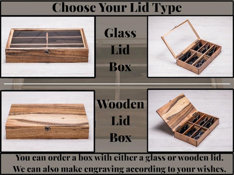 Wooden or glass lid option for handmade walnut glasses storage case
