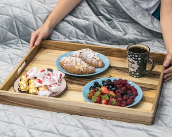 Wood Serving Tray, Solid Walnut or Oak Breakfast Tray, Rustic Wooden Kitchen Decor, Farmhouse Coffee Table Tray, Personalized Gift for Home