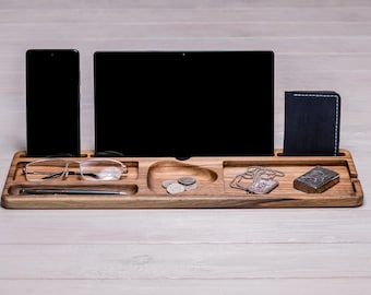 Personalized Walnut Desk Organizer, Wooden Tablet Phone Stand, Office Decor for Men, Wood Docking Station, iPad Holder, Dad Gift, Tech Tray