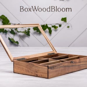 Luxury walnut glasses organizer box with glass lid open